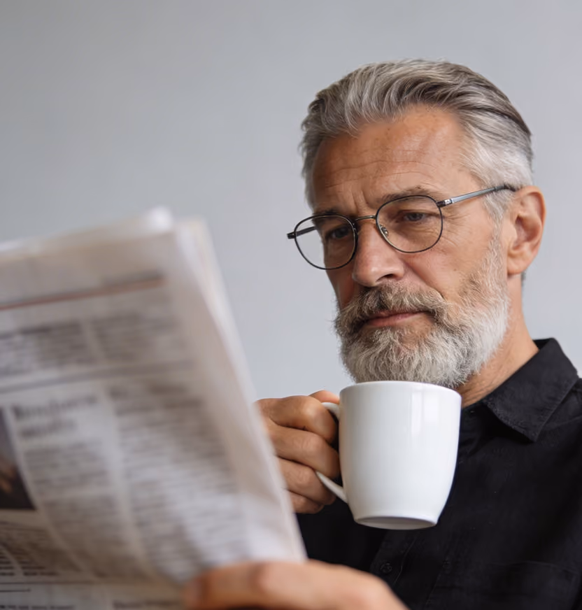 Older man with glasses and beard reading a newspaper while holding a white coffee mug.