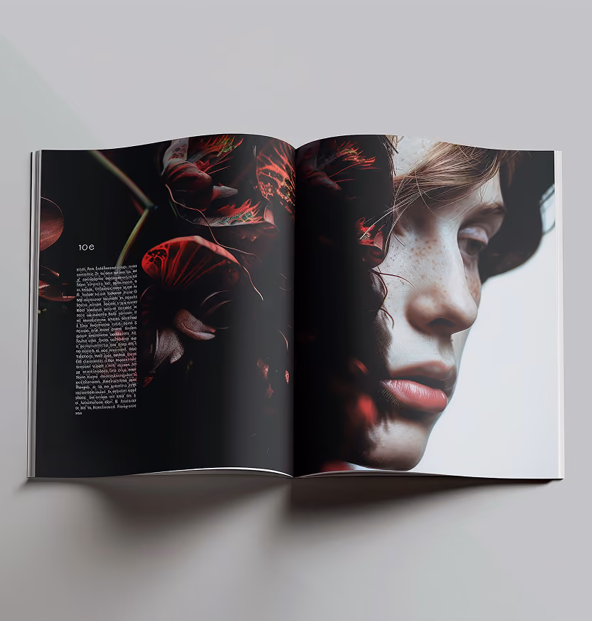 Open magazine shows close-up portrait of a woman’s face with freckles and dark red floral design.