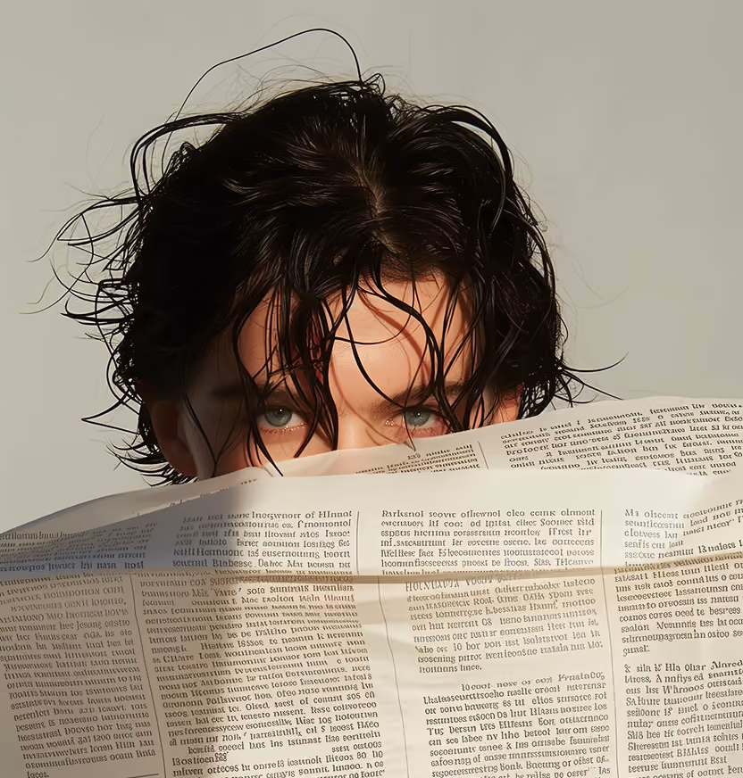 Person with wet black hair peeking over a newspaper with only eyes and forehead visible.