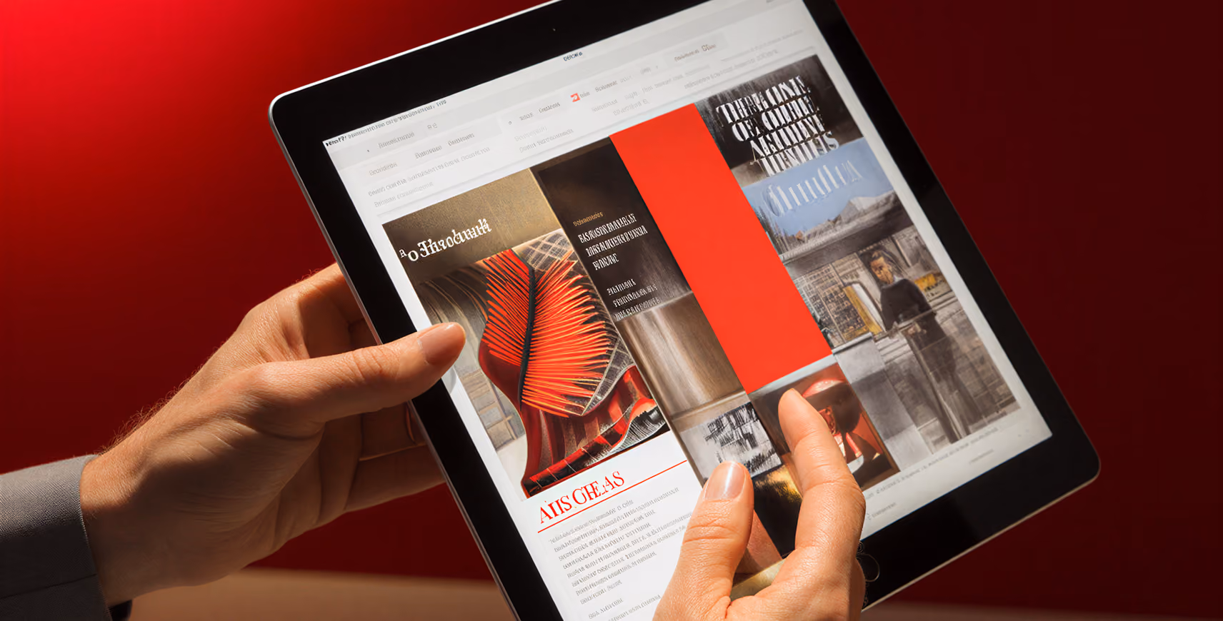 Person holding a tablet displaying a digital magazine page with red abstract artwork on a red background.