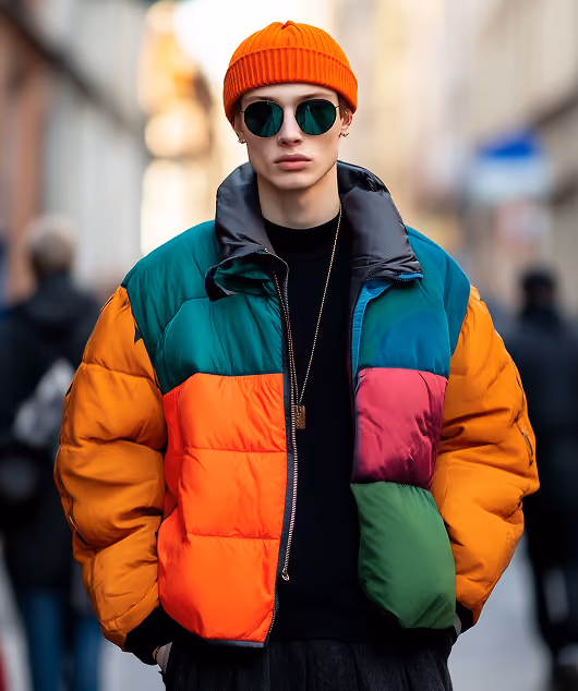 Young person wearing colorful puffer jacket, orange beanie, and sunglasses on a city street.